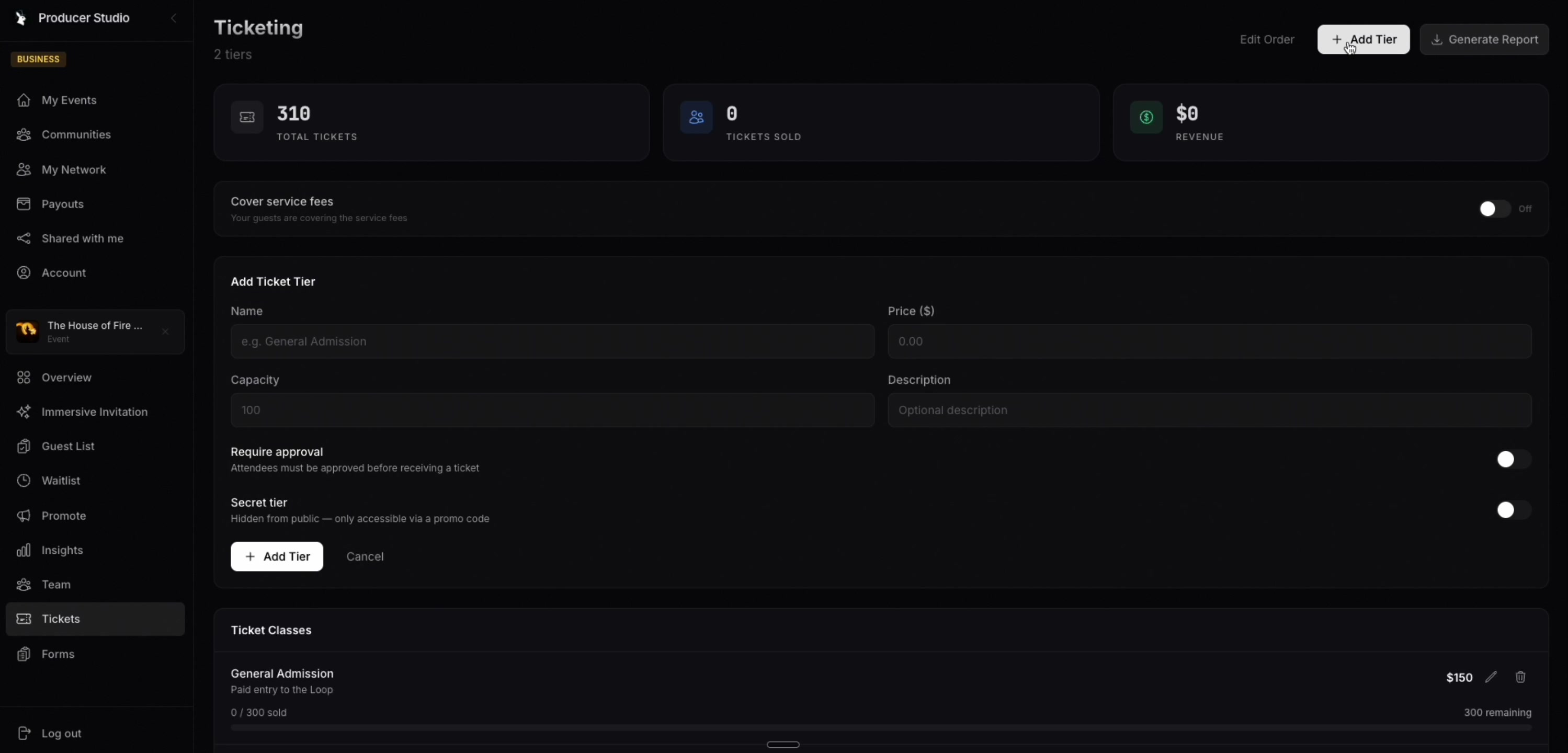 Configuring tiered, secret, and donation tickets and watching them appear on the live event page.